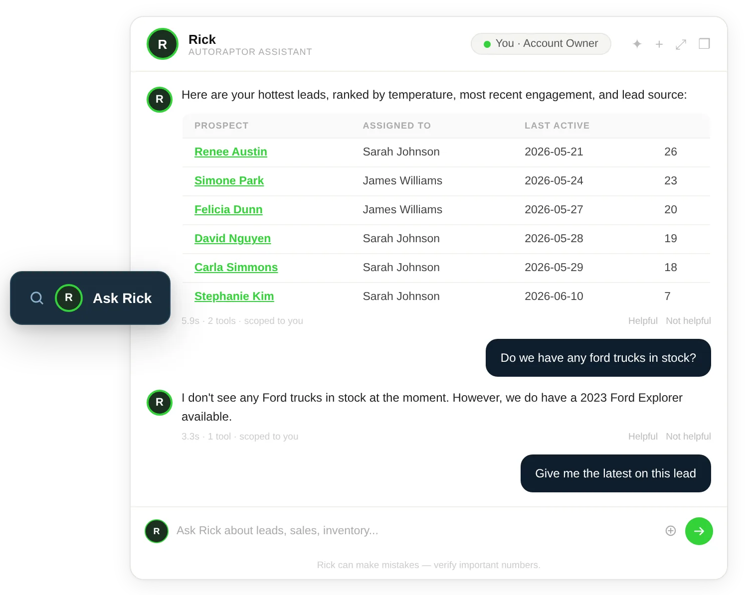 Rick AI assistant inside AutoRaptor
